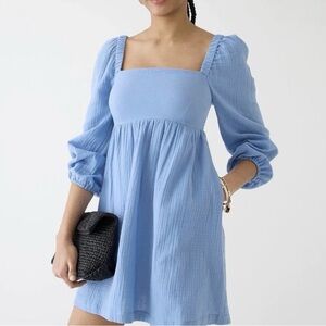 J. Crew blue crinkle gauze square neck dress.